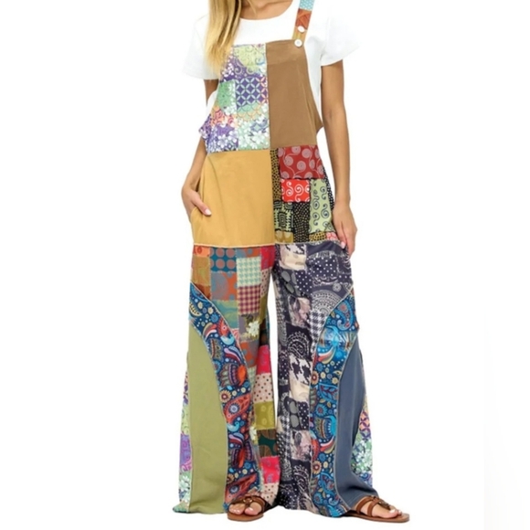 Yak N Yeti Pants - JS1 NWT Yak & Yeti Colorful Patchwork Overalls Adjustable Sm/Md Lg/XL Pockets